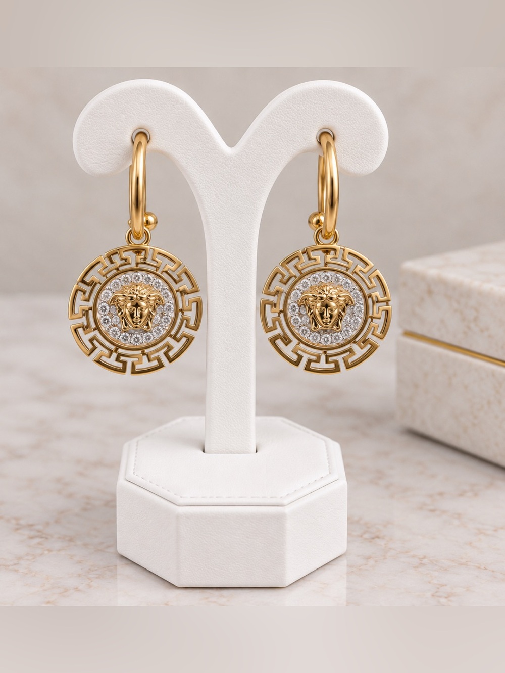 Stainless Steel Medusa Style Crystal Greek Key Drop Hoop Earrings